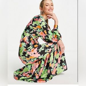 ASOS DESIGN Satin button front maxi tea dress in abstract floral print